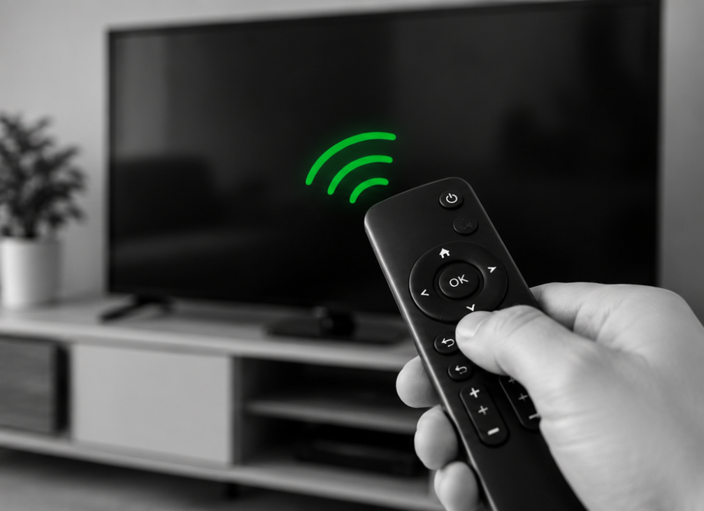 Test d'une télécommande devant une télévision