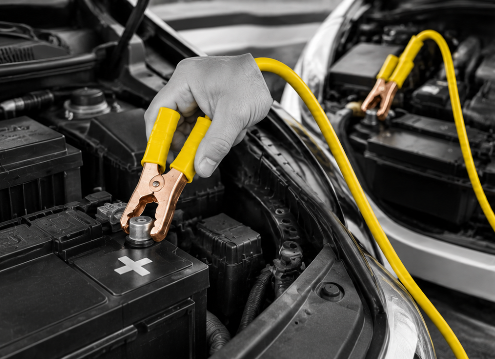 Bornes positive et négative d'une batterie automobile